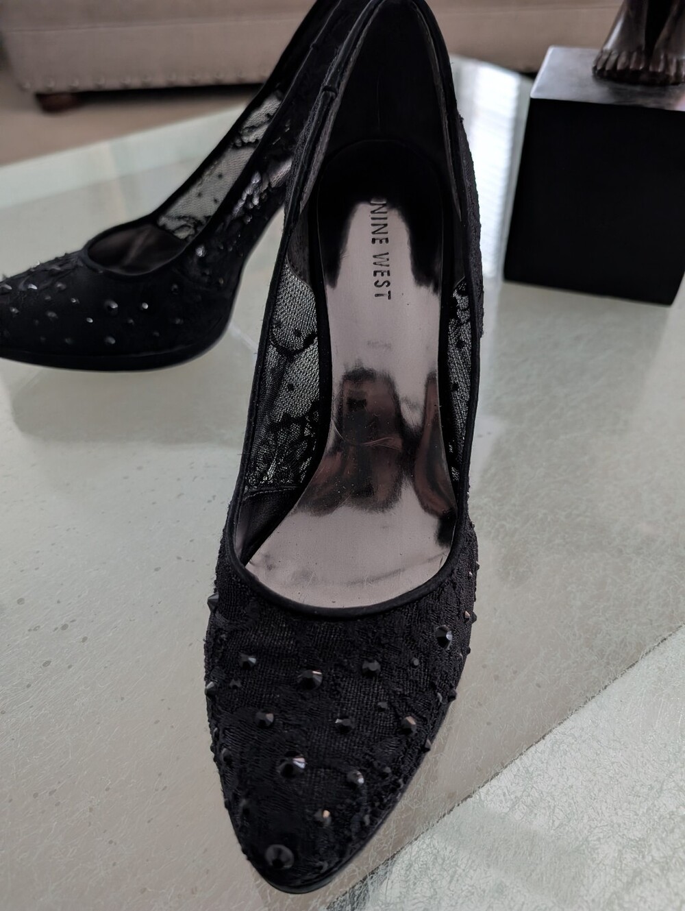 Nine West Black Lace Pointed-Toe Heels with Bead Accent